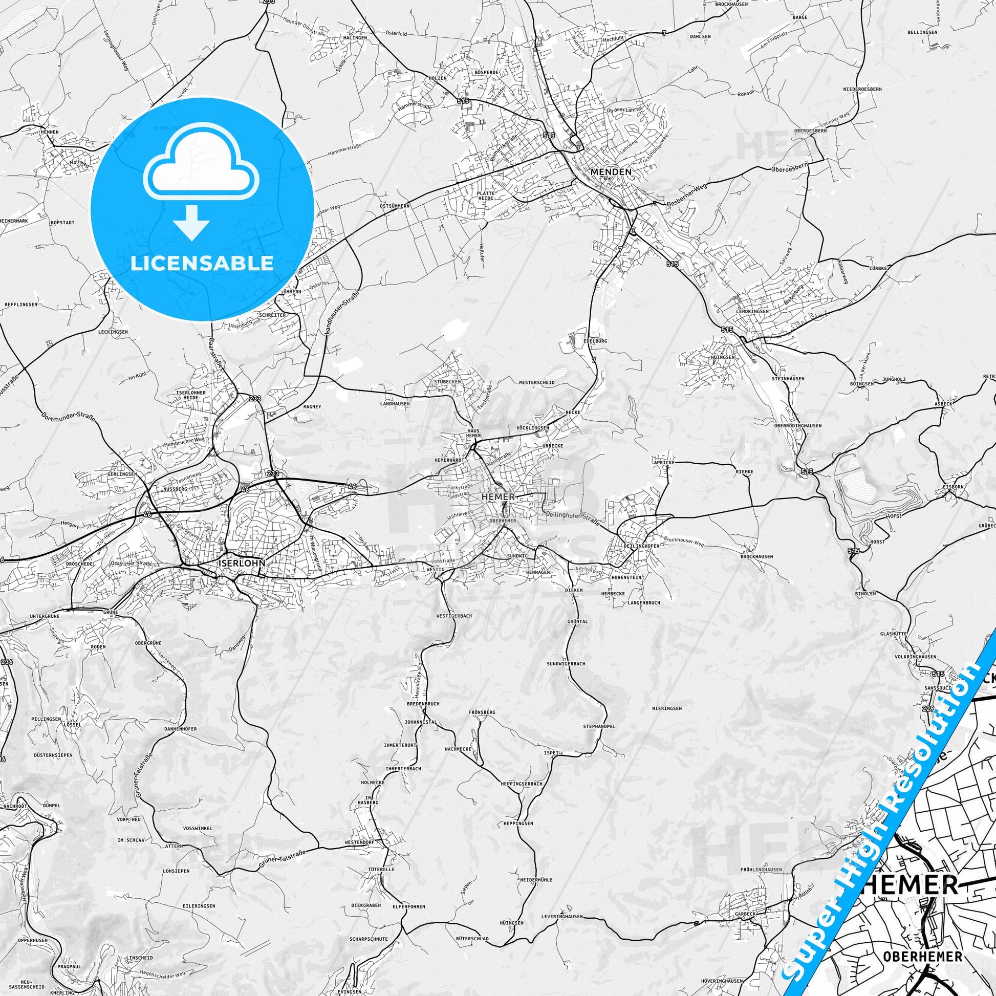 Hemer, Germany light map with streetnames, citynames and districts