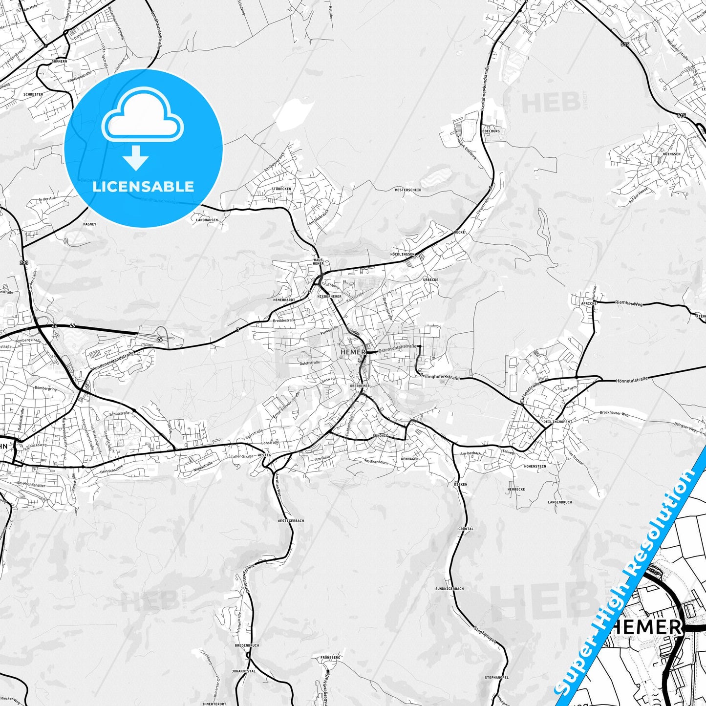 Hemer, Germany Light Map with Street Names, City Names, and Districts