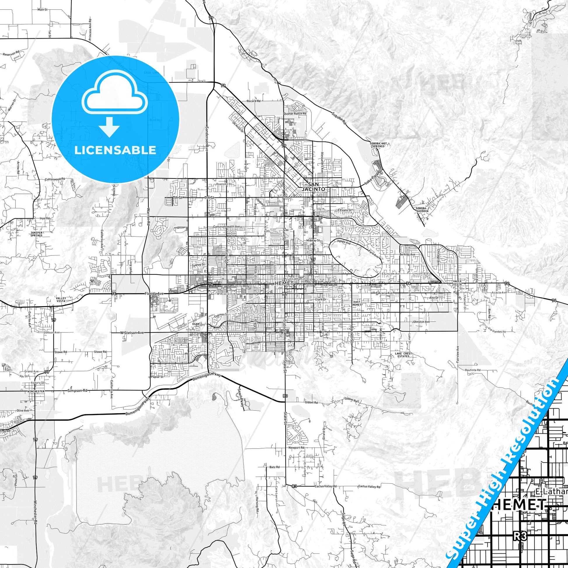 Hemet, California light map with streetnames, citynames and districts