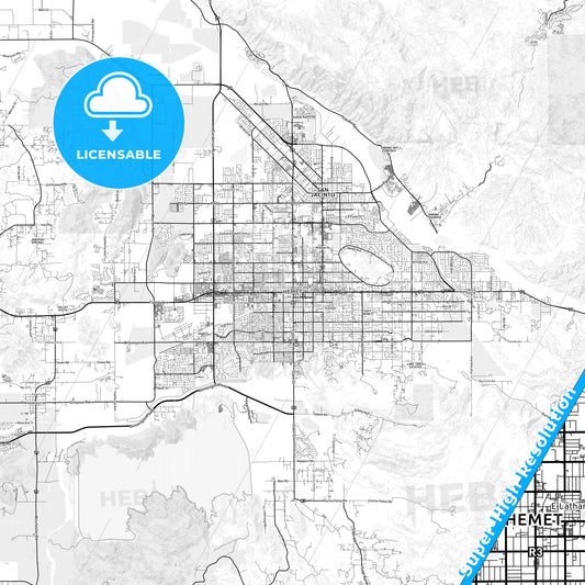 Hemet, California light map with streetnames, citynames and districts