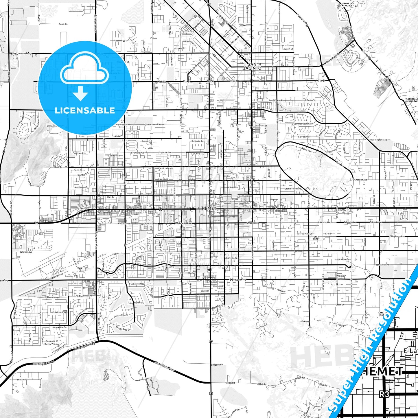 Hemet, California Light Map with Street Names, City Names, and Districts