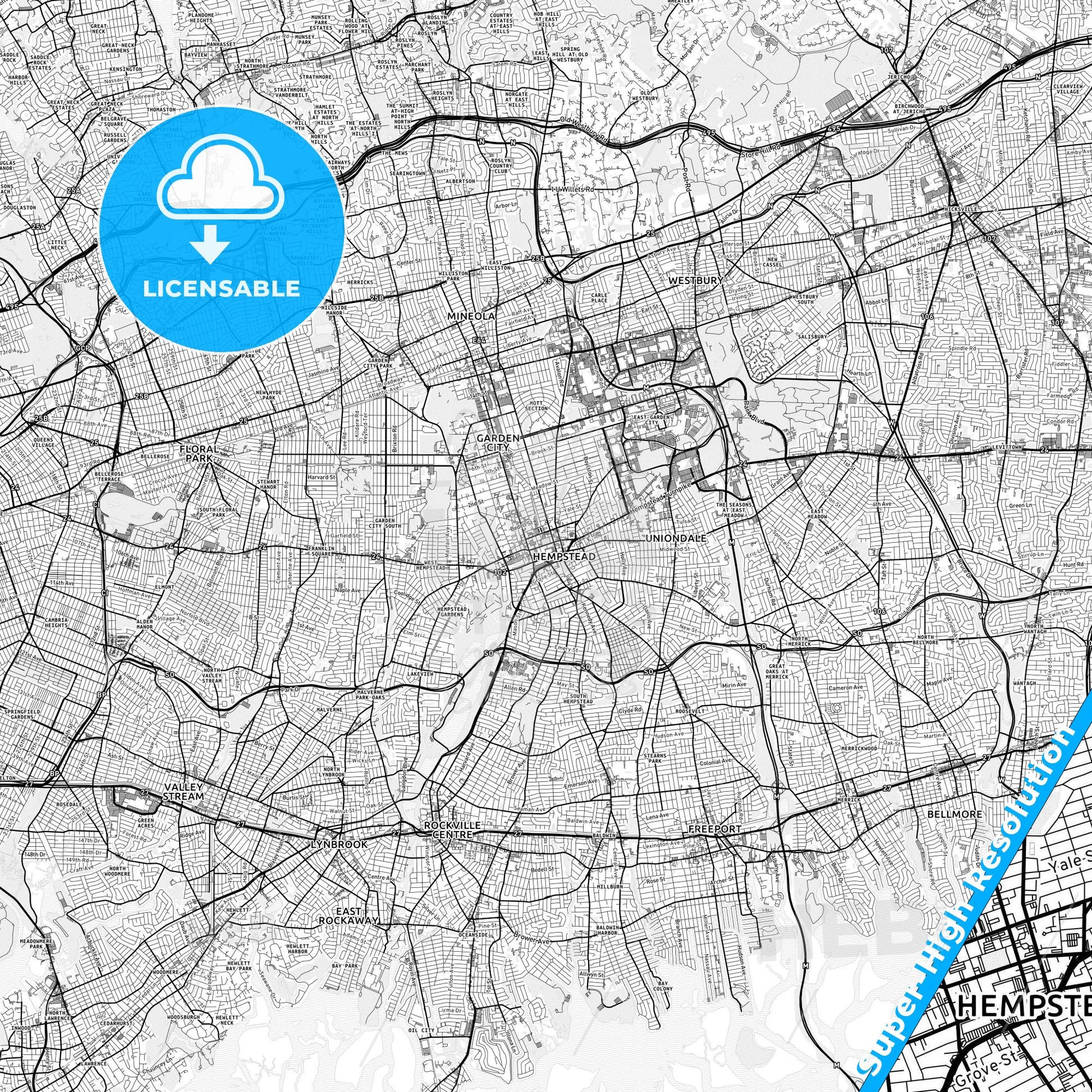 Hempstead, New York light map with streetnames, citynames and districts
