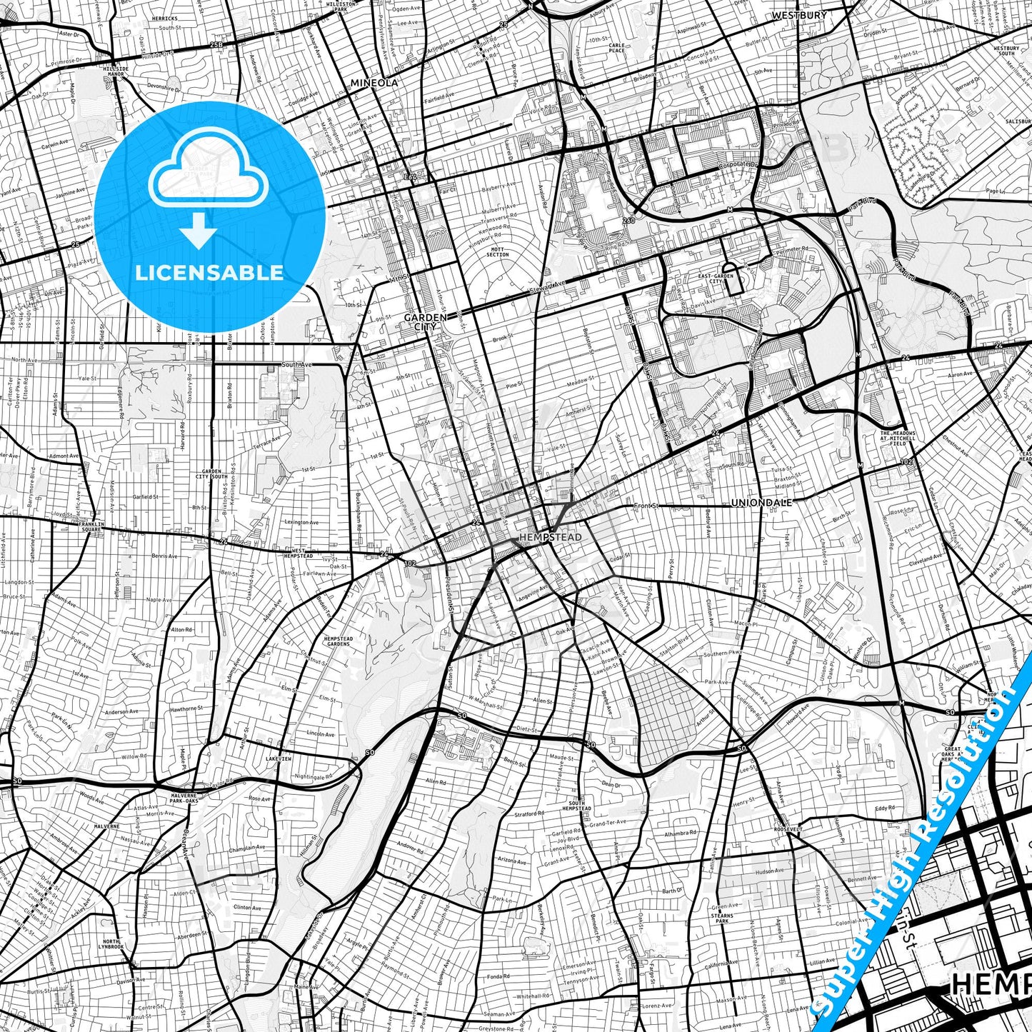 Hempstead, New York Light Map with Street Names, City Names, and Districts