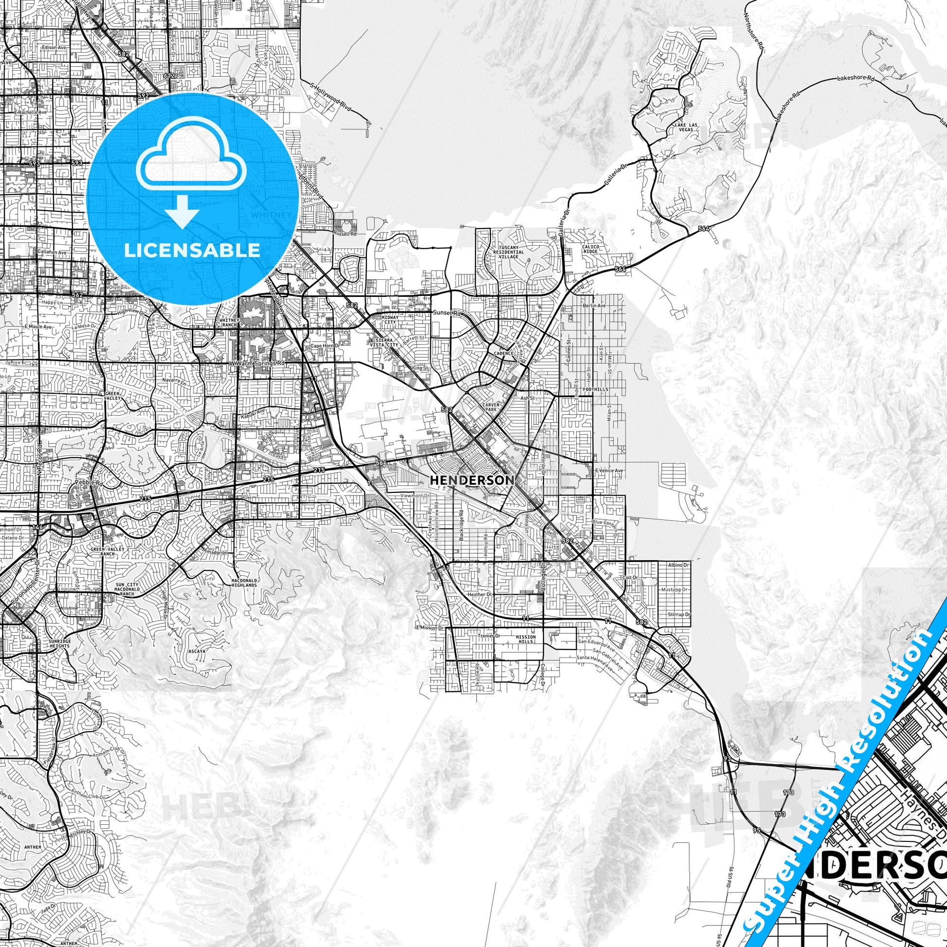 Henderson, Nevada light map with streetnames, citynames and districts