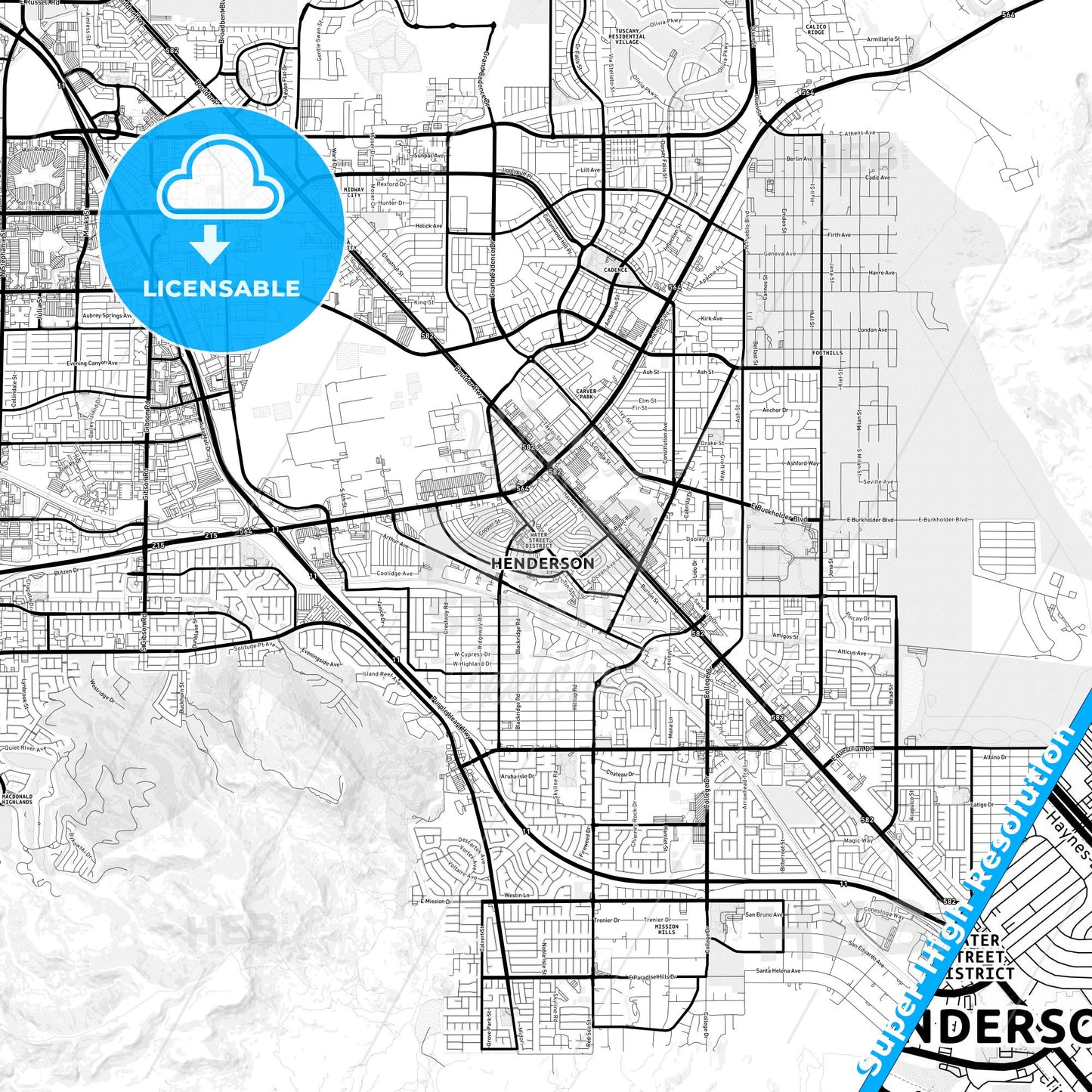 Henderson, Nevada Light Map with Street Names, City Names, and Districts
