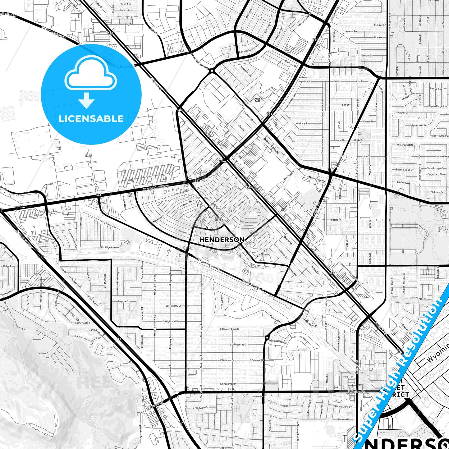 Henderson, Nevada Light Map with Street Names, City Names, and Districts