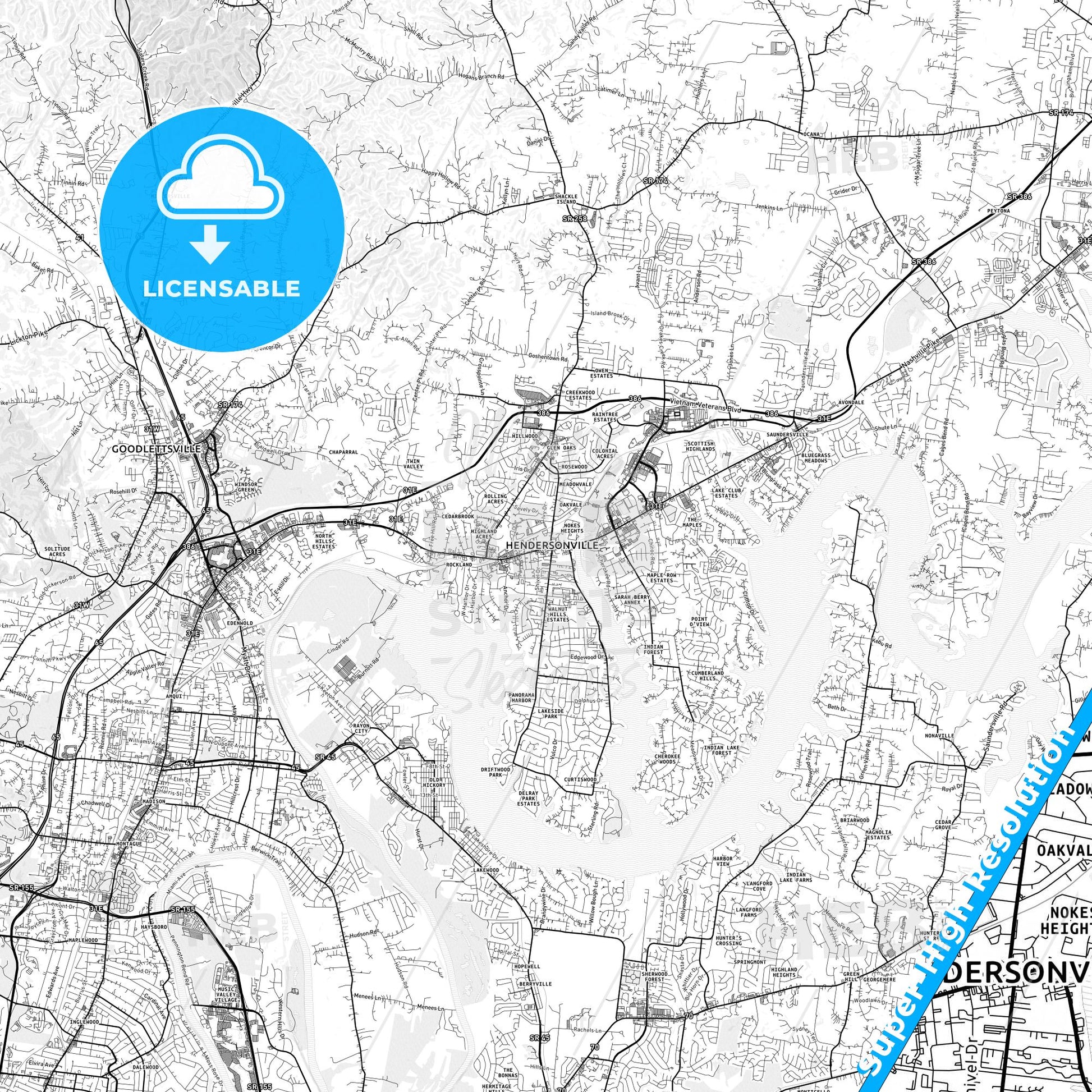 Hendersonville, Tennessee light map with streetnames, citynames and districts