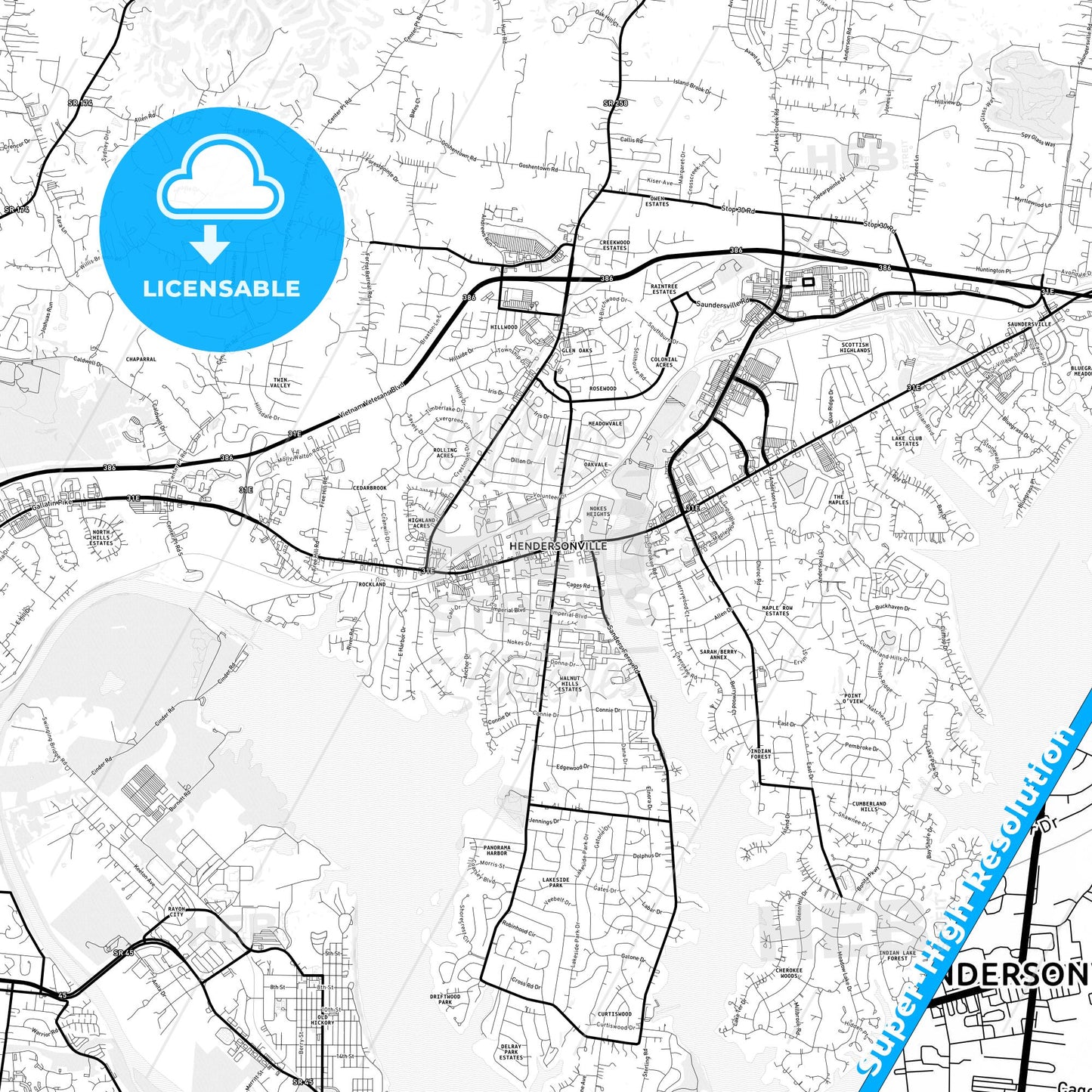 Hendersonville, Tennessee Light Map with Street Names, City Names, and Districts