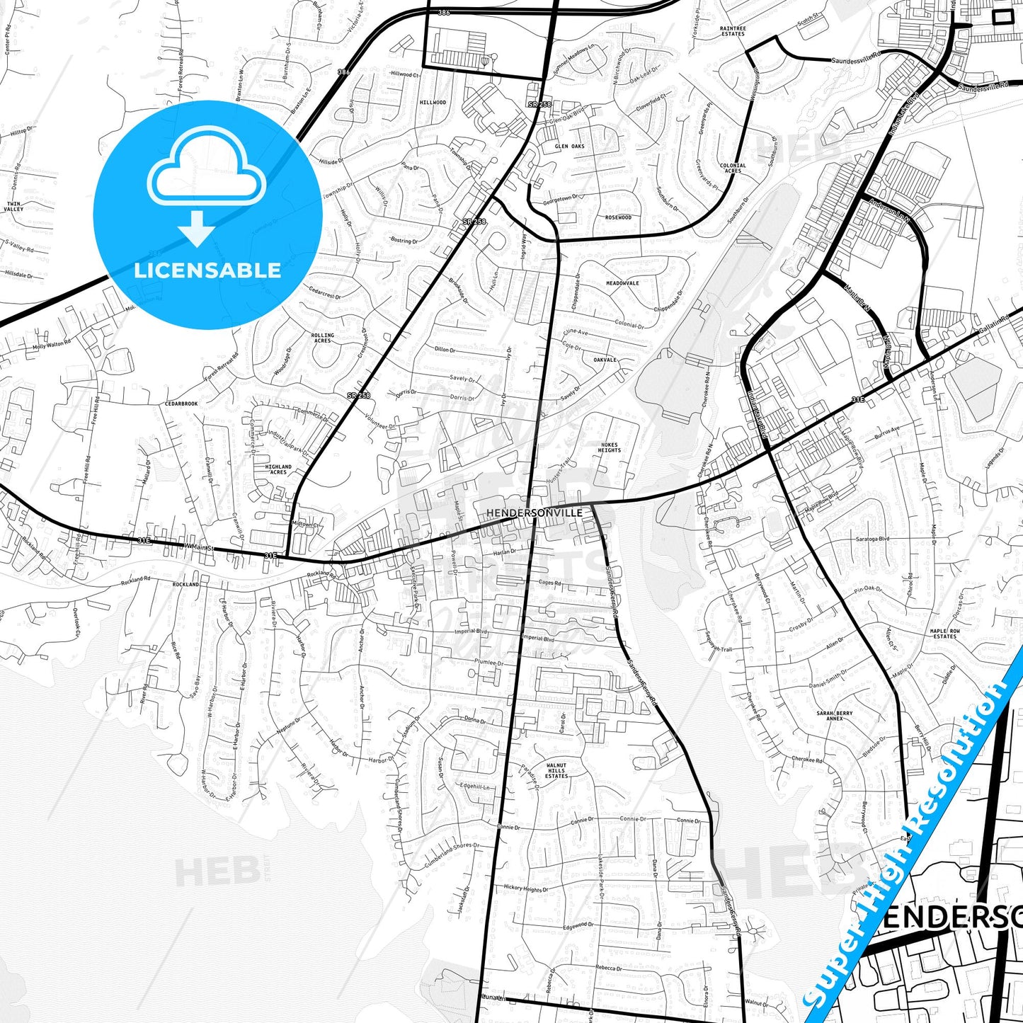 Hendersonville, Tennessee Light Map with Street Names, City Names, and Districts
