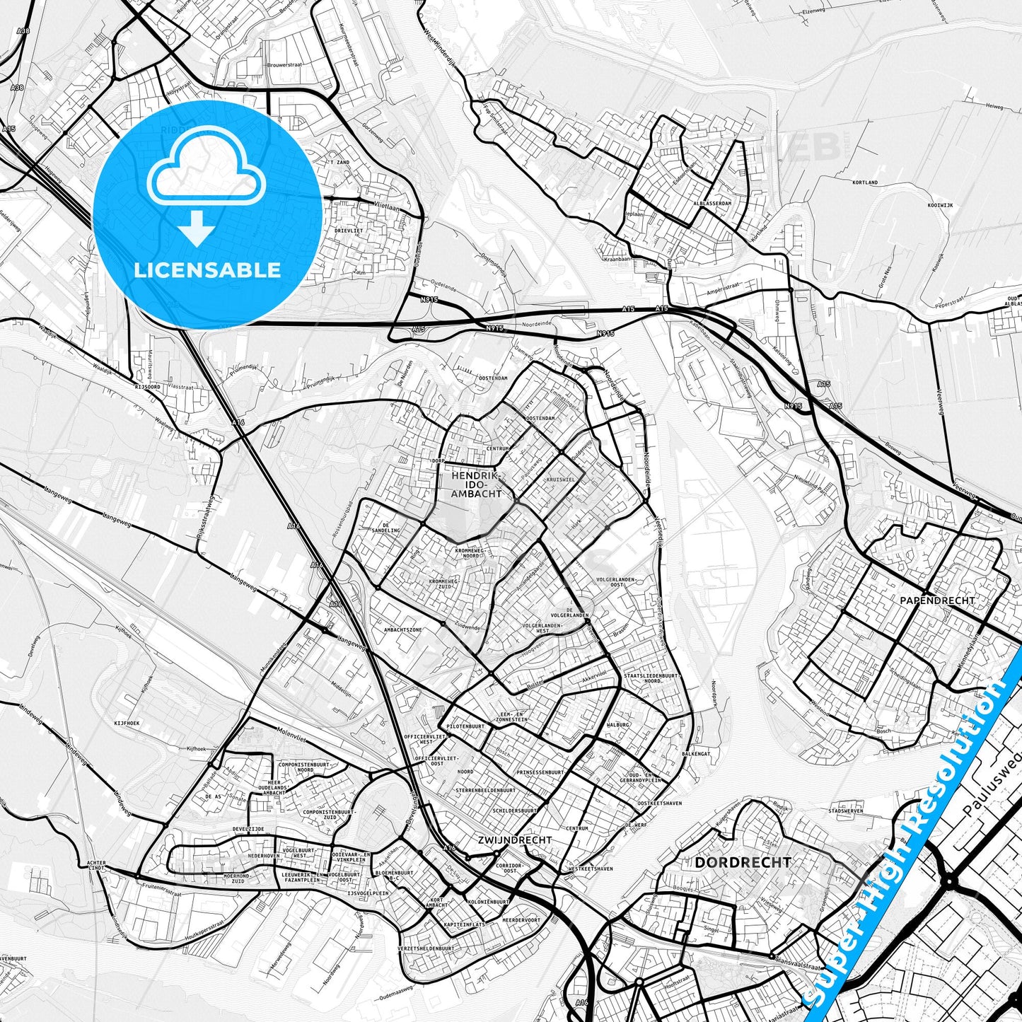 Hendrik-Ido-Ambacht, Netherlands Light Map with Street Names, City Names, and Districts