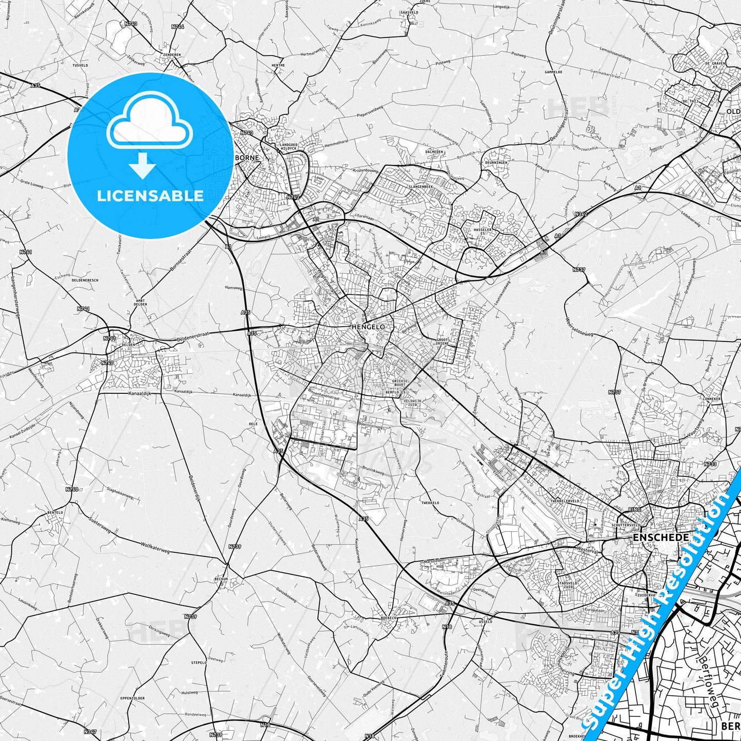 Hengelo, Netherlands light map with streetnames, citynames and districts