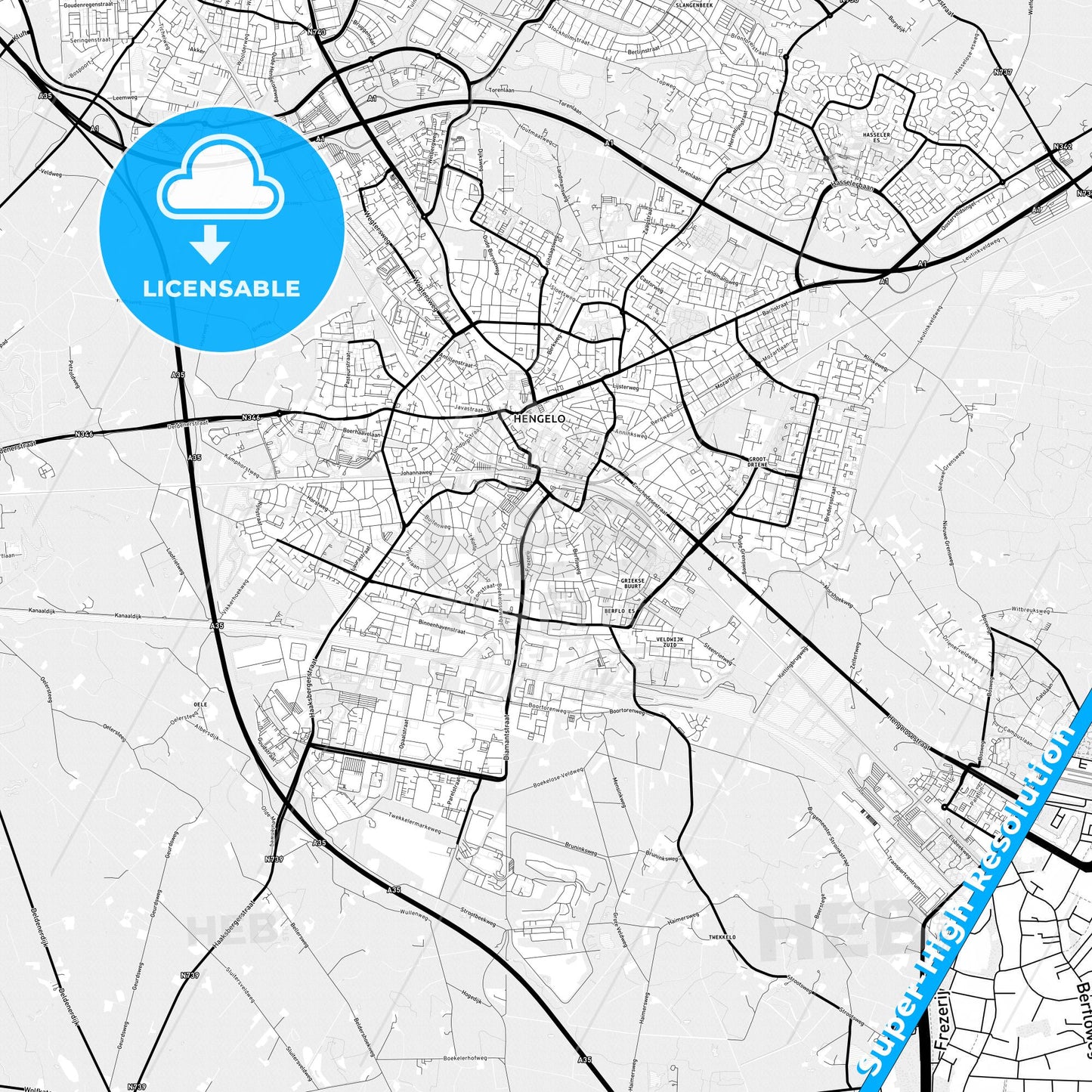 Hengelo, Netherlands Light Map with Street Names, City Names, and Districts