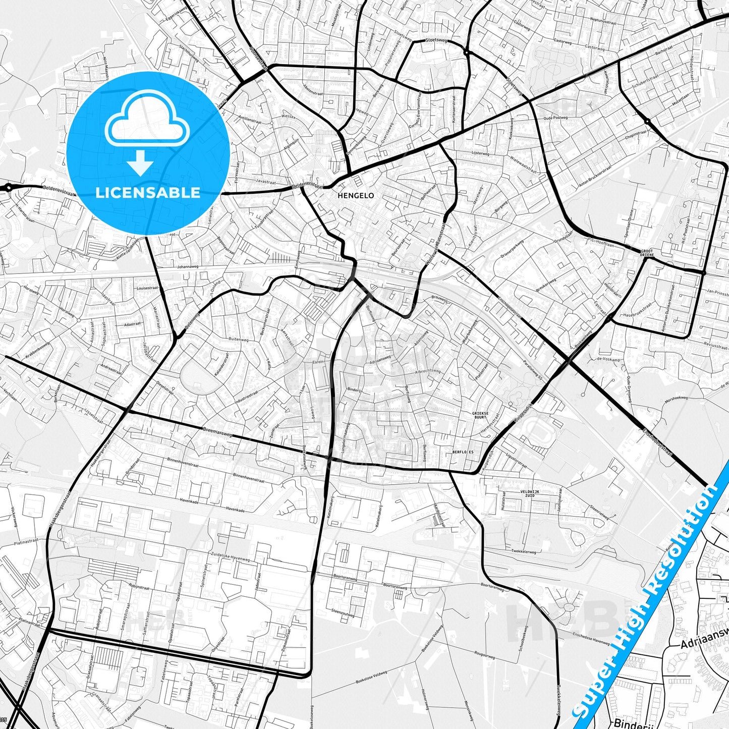 Hengelo, Netherlands Light Map with Street Names, City Names, and Districts