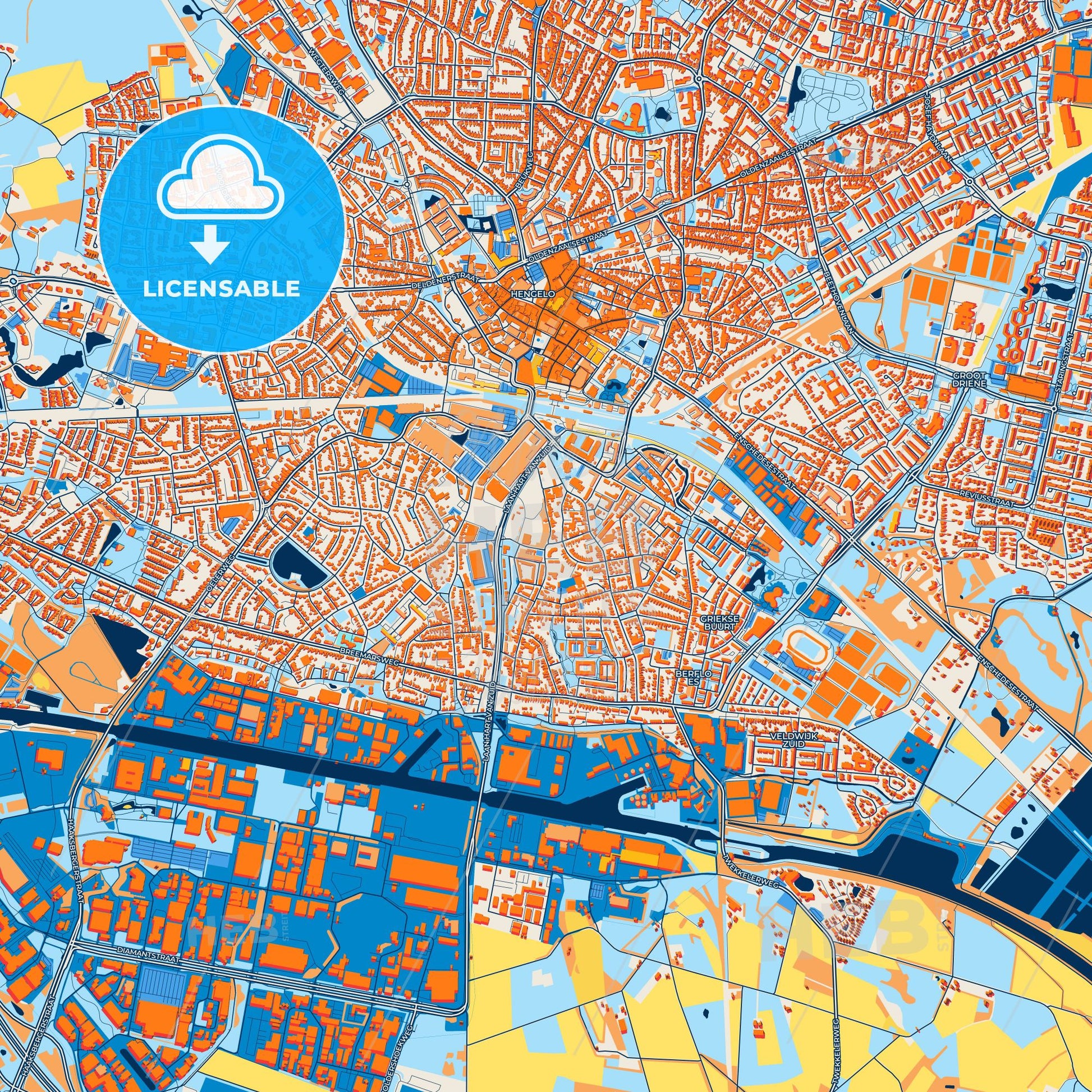 Colorful Hengelo Street Map with Labels and Buildings