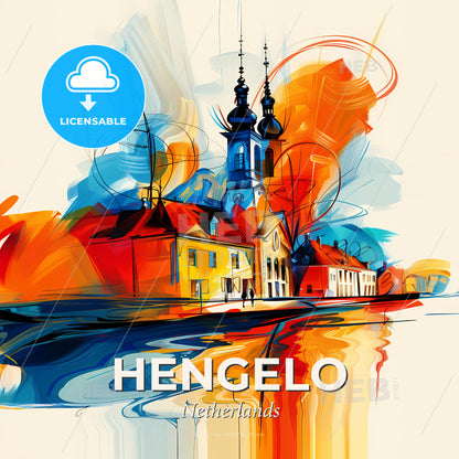 Vibrant Hengelo, Netherlands - A Painting Of A Building And A Church - Square format print template