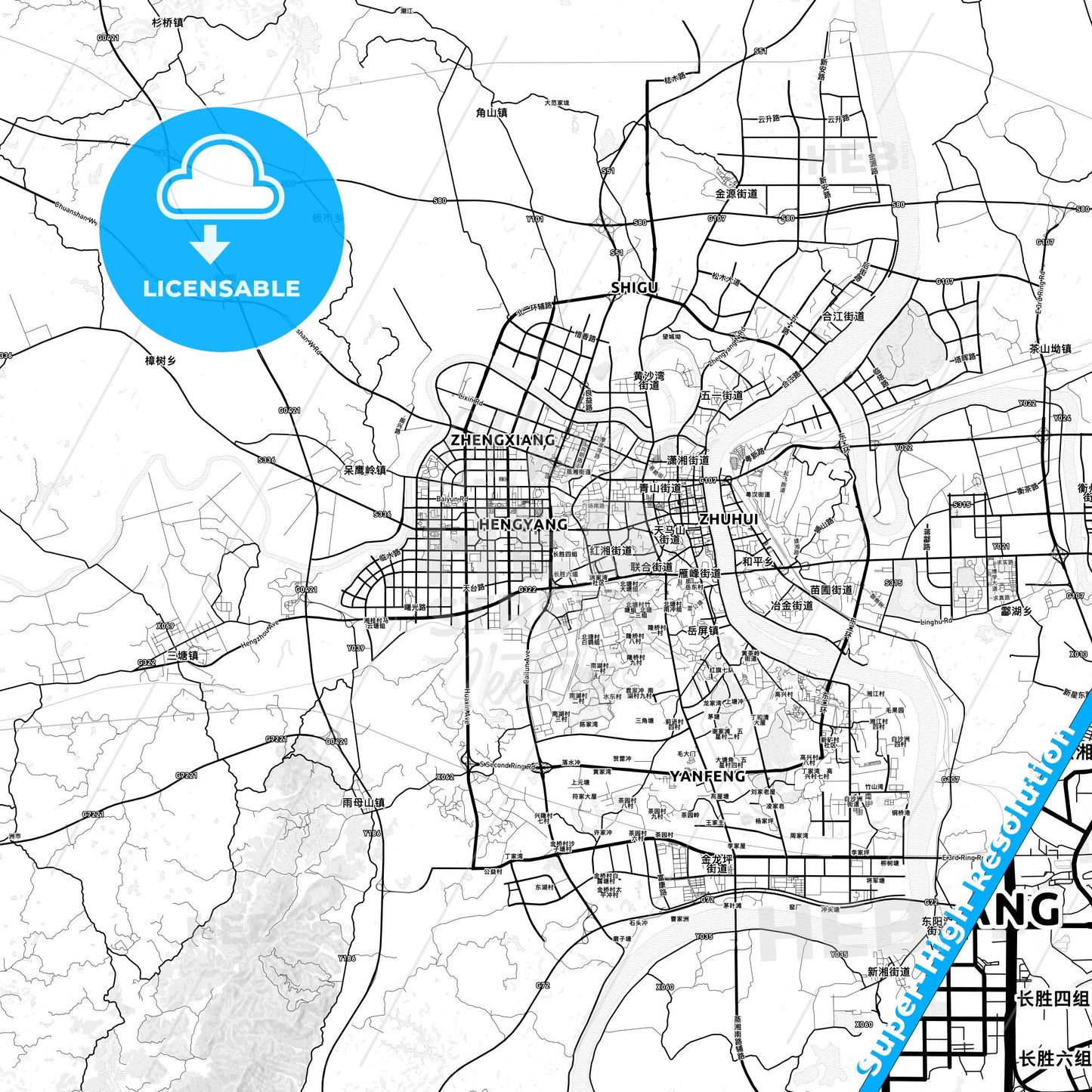 Hengyang, China light map with streetnames, citynames and districts