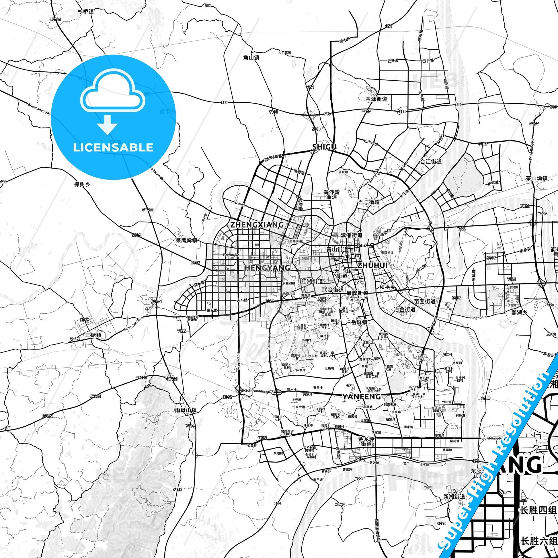 Hengyang, China light map with streetnames, citynames and districts