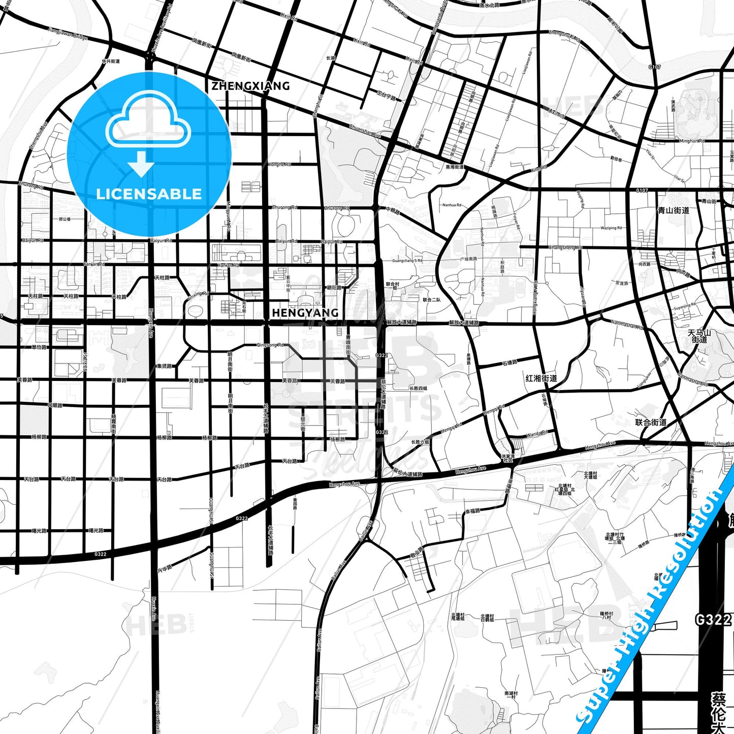 Hengyang, China Light Map with Street Names, City Names, and Districts