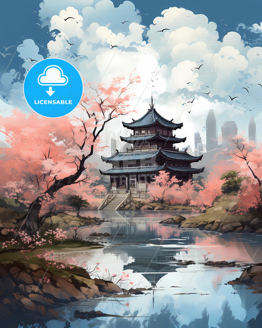 Pagoda by the Lake - a painting of the Hengyang China Skyline with pink blossoms