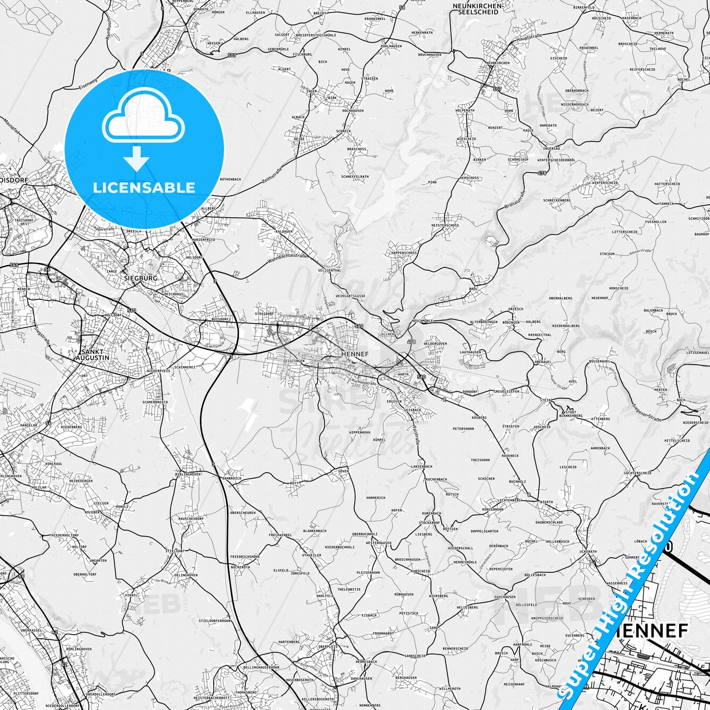 Hennef (Sieg), Germany light map with streetnames, citynames and districts