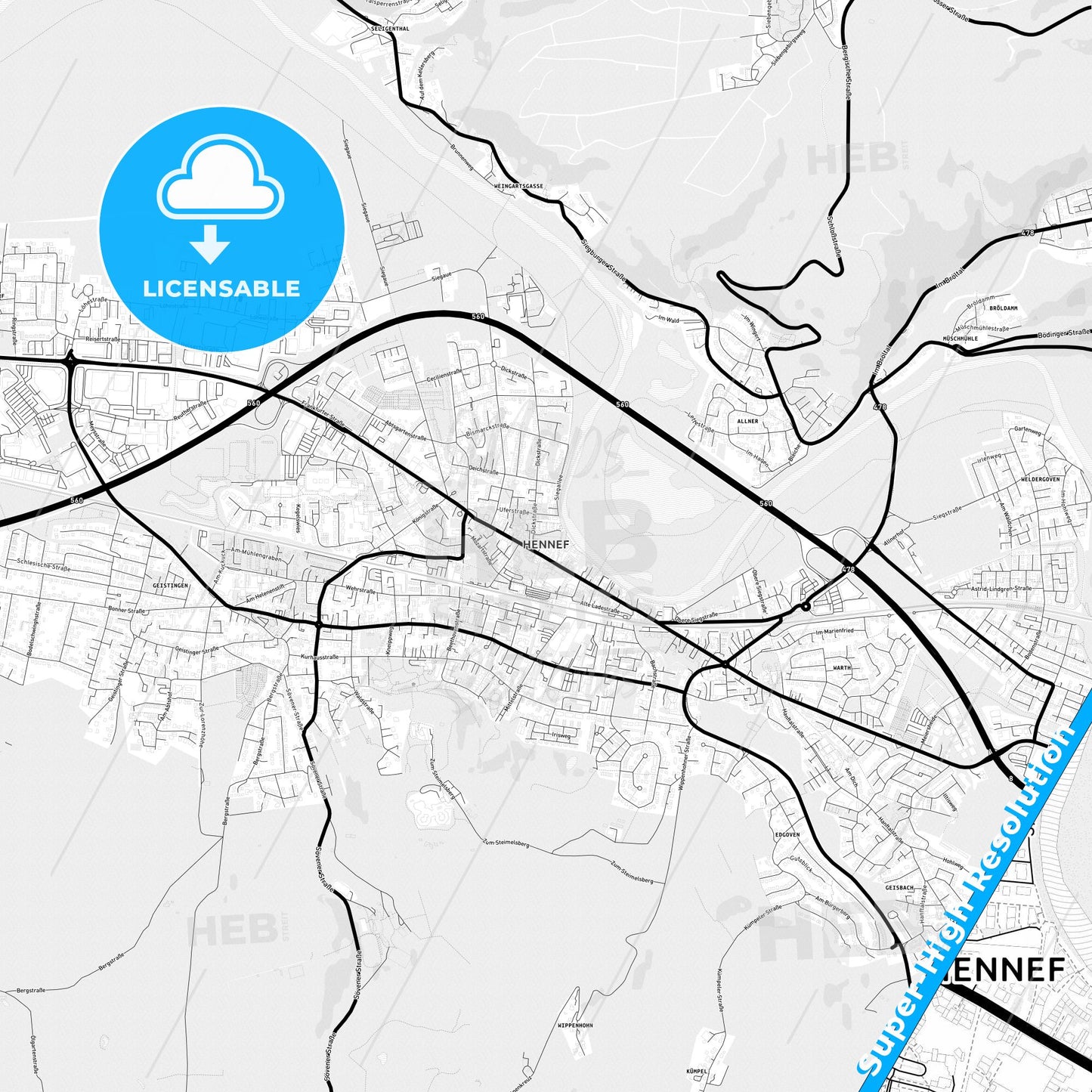 Hennef (Sieg), Germany Light Map with Street Names, City Names, and Districts