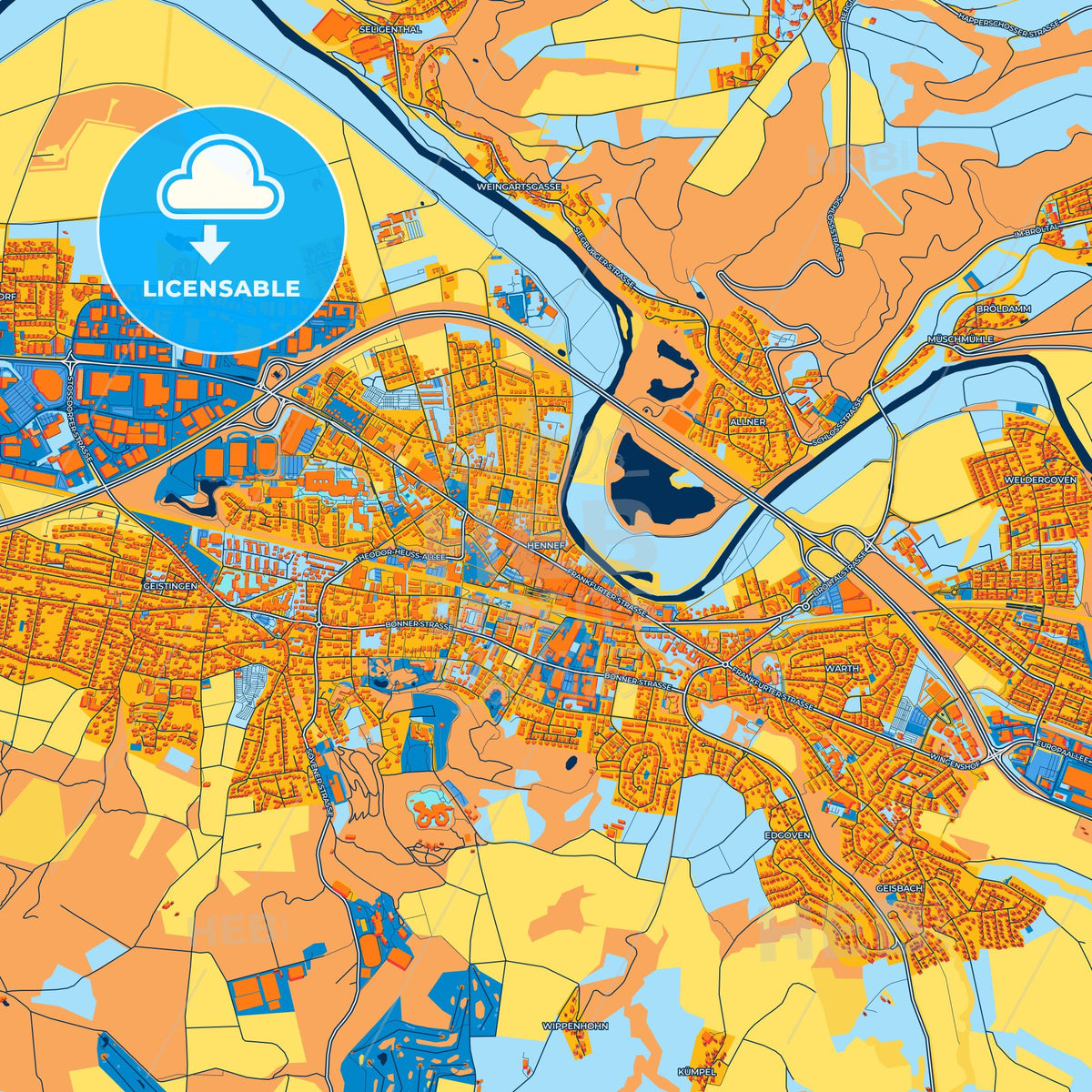Colorful Hennef (Sieg) Street Map with Labels and Buildings