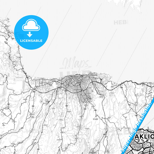 Heraklion, Greece light map with streetnames, citynames and districts