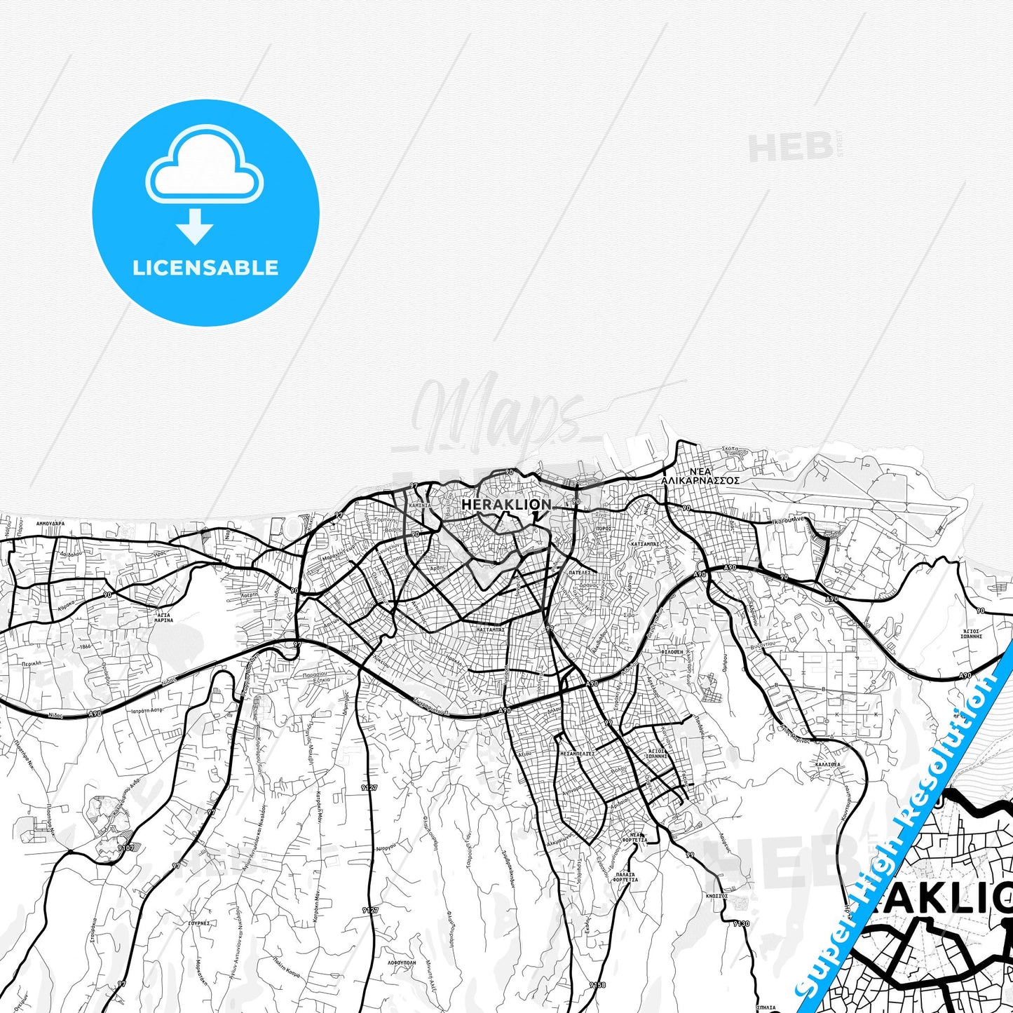 Heraklion, Greece Light Map with Street Names, City Names, and Districts