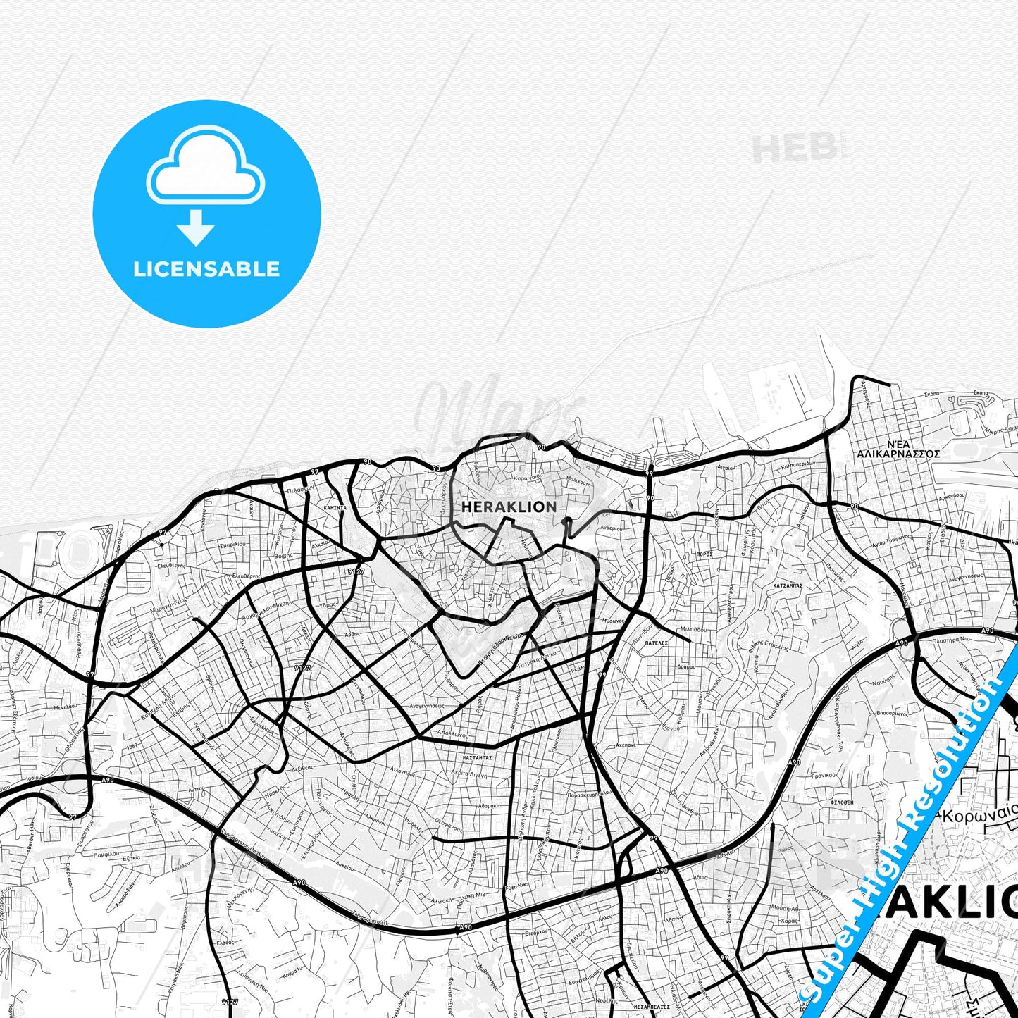 Heraklion, Greece Light Map with Street Names, City Names, and Districts