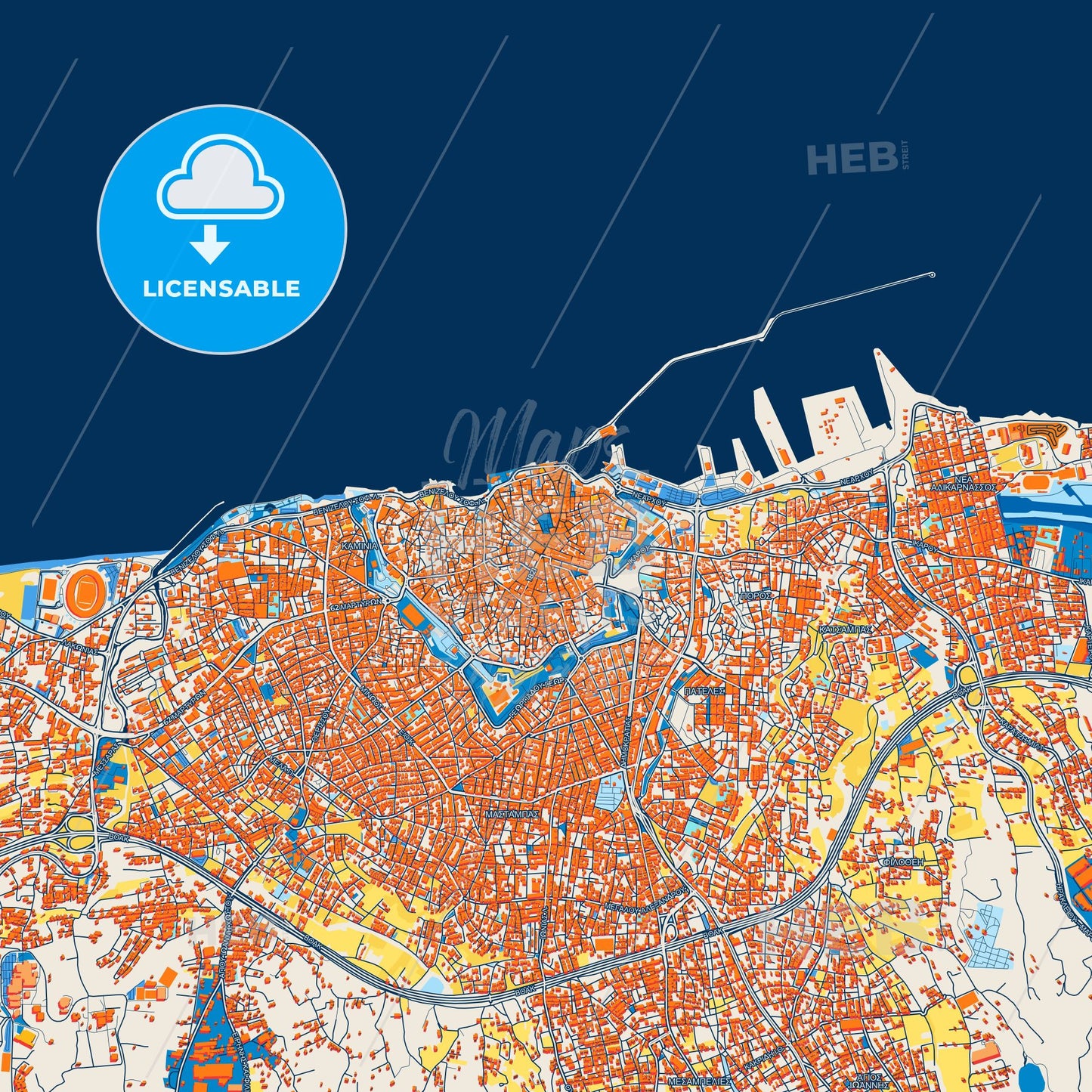 Colorful Heraklion Street Map with Labels and Buildings