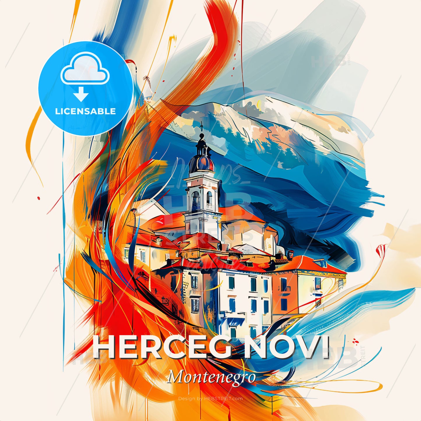 Vibrant Herceg Novi, Montenegro - A Painting Of A Building With A Mountain In The Background - Square format print template