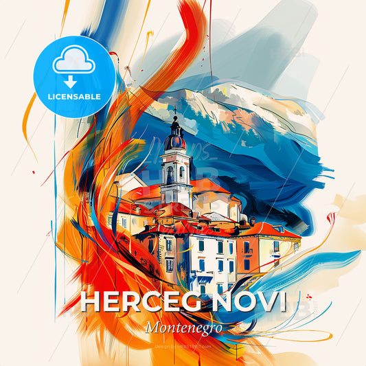 Vibrant Herceg Novi, Montenegro - A Painting Of A Building With A Mountain In The Background - Square format print template