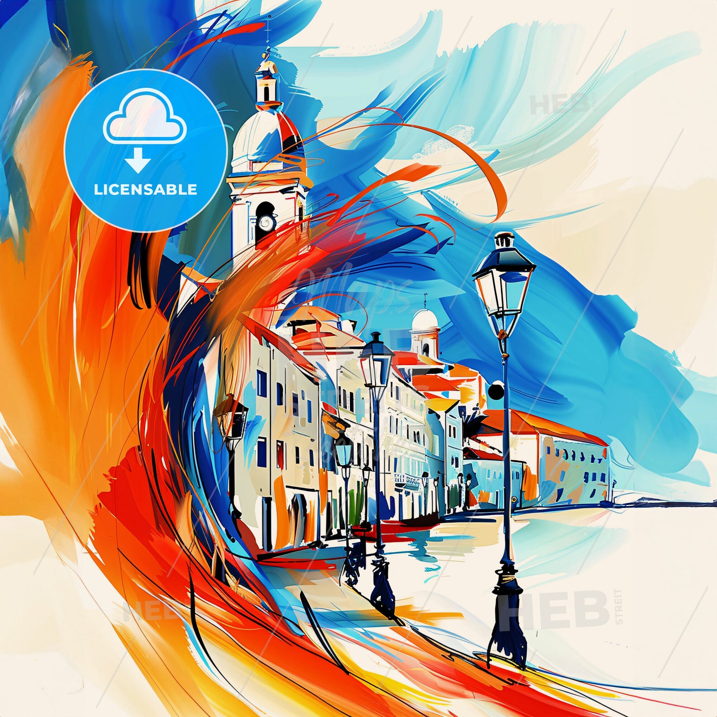 Vibrant Herceg Novi, Montenegro - A Painting Of A Street With Buildings And A Church