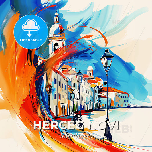 Vibrant Herceg Novi, Montenegro - A Painting Of A Street With Buildings And A Church - Square format print template