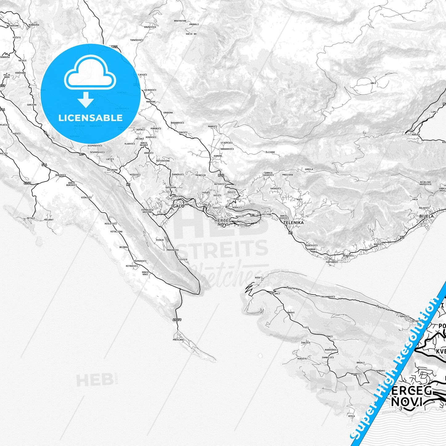 Herceg Novi, Montenegro light map with streetnames, citynames and districts