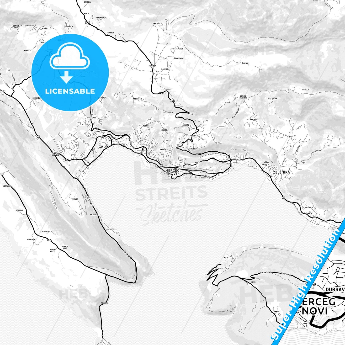 Herceg Novi, Montenegro Light Map with Street Names, City Names, and Districts