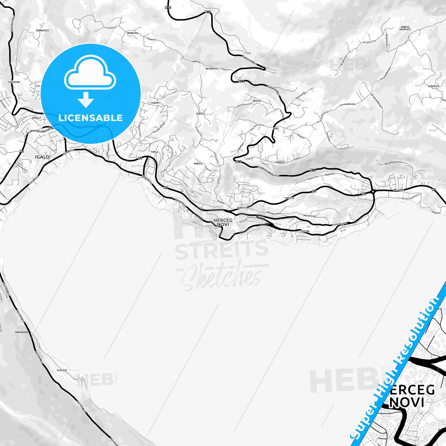 Herceg Novi, Montenegro Light Map with Street Names, City Names, and Districts