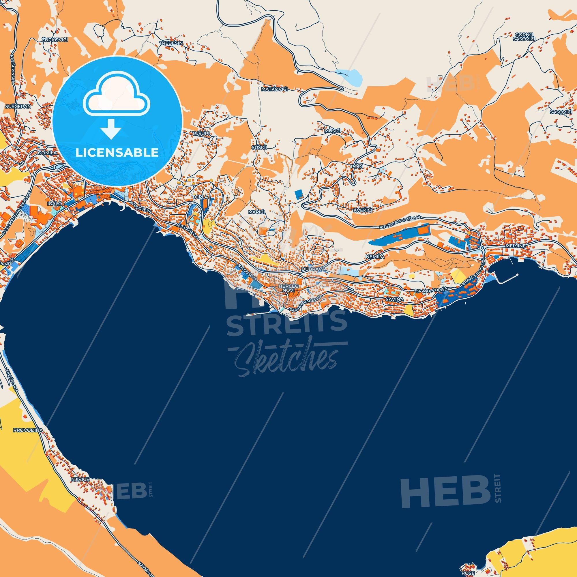 Colorful Herceg Novi Street Map With Labels And Buildings – HEBSTREITS