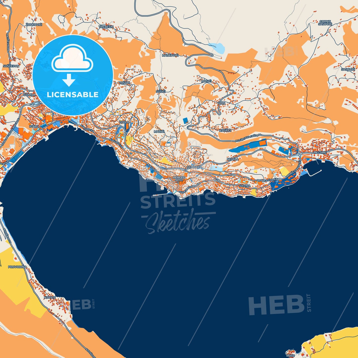 Colorful Herceg Novi Street Map with Labels and Buildings