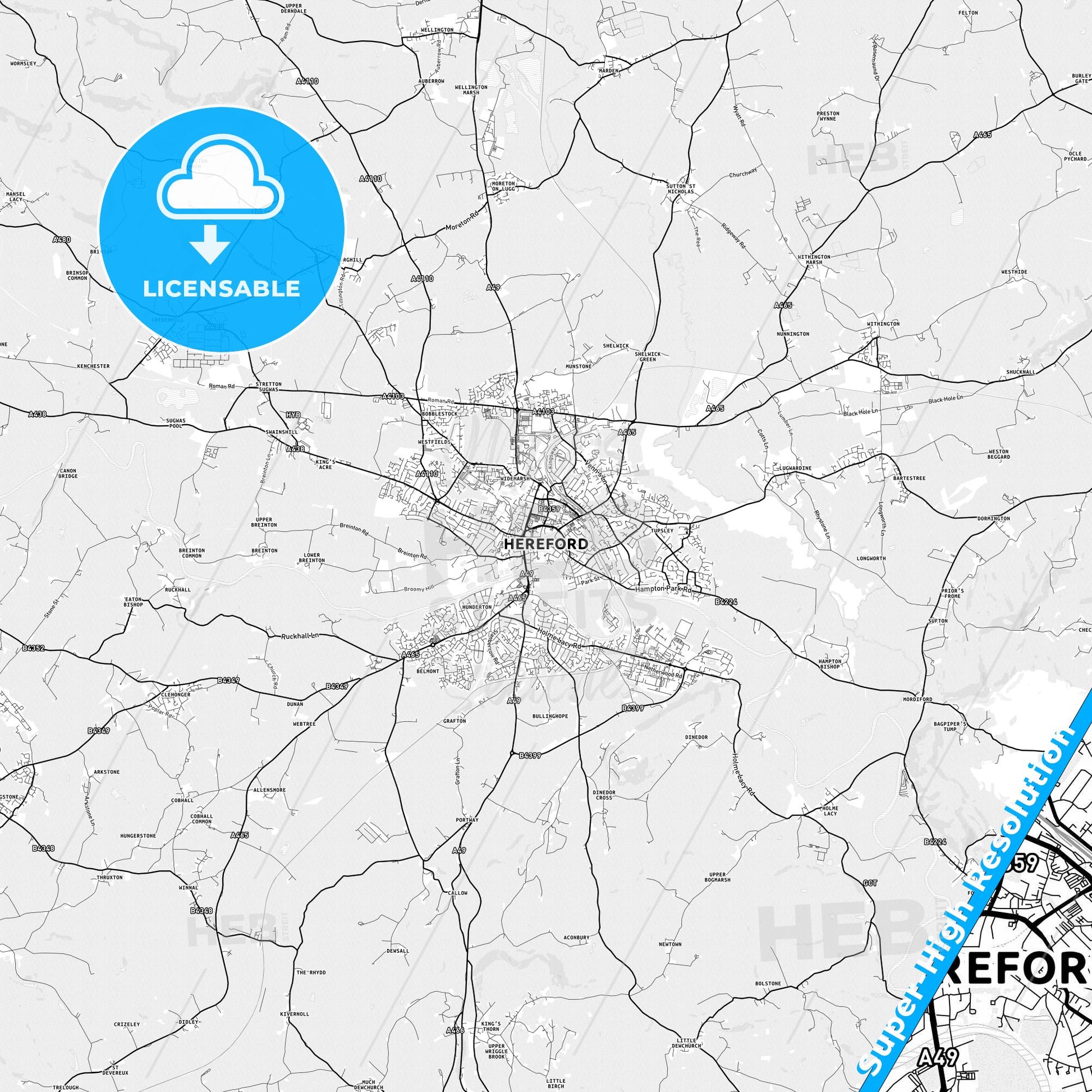 Hereford, England light map with streetnames, citynames and districts