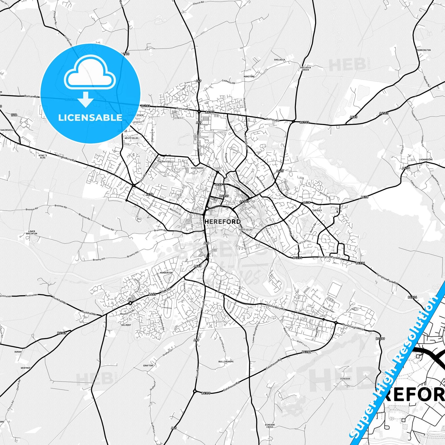 Hereford, England Light Map with Street Names, City Names, and Districts