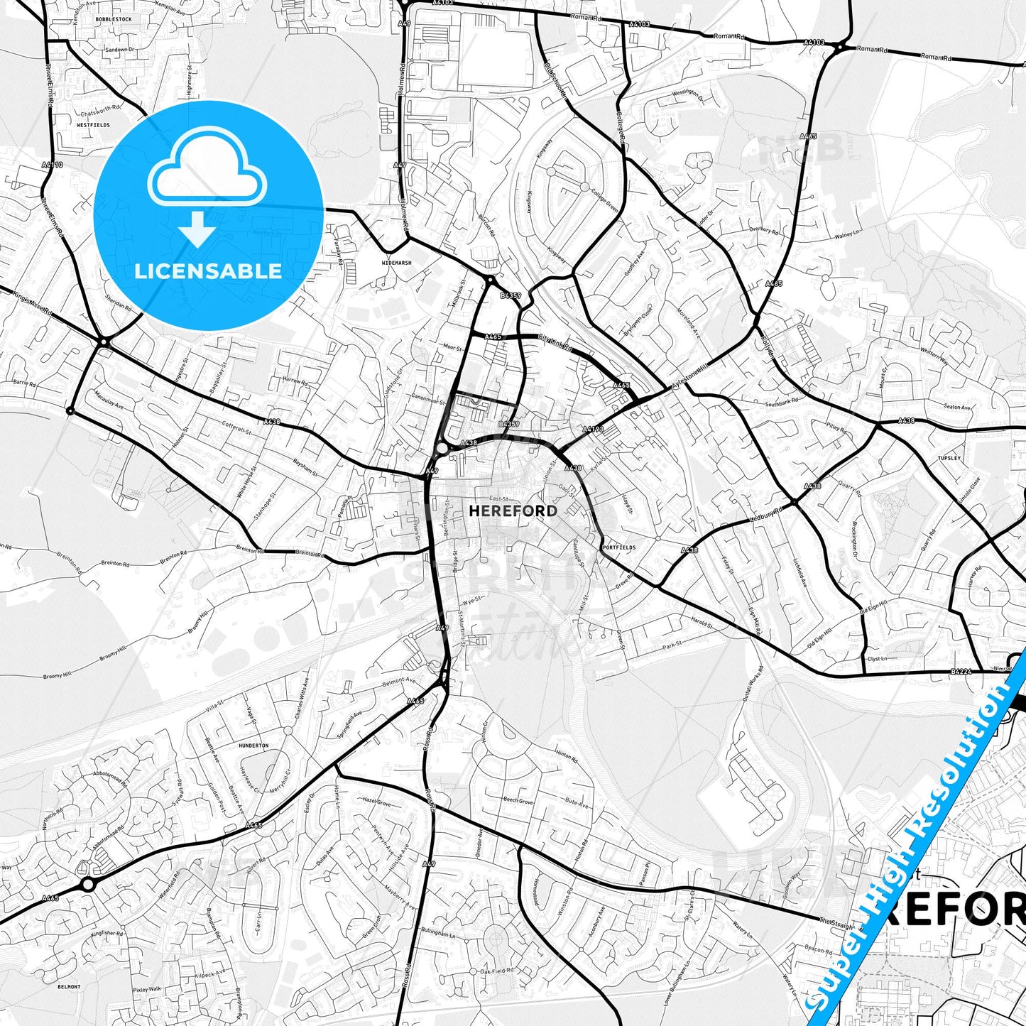 Hereford, England Light Map with Street Names, City Names, and Districts