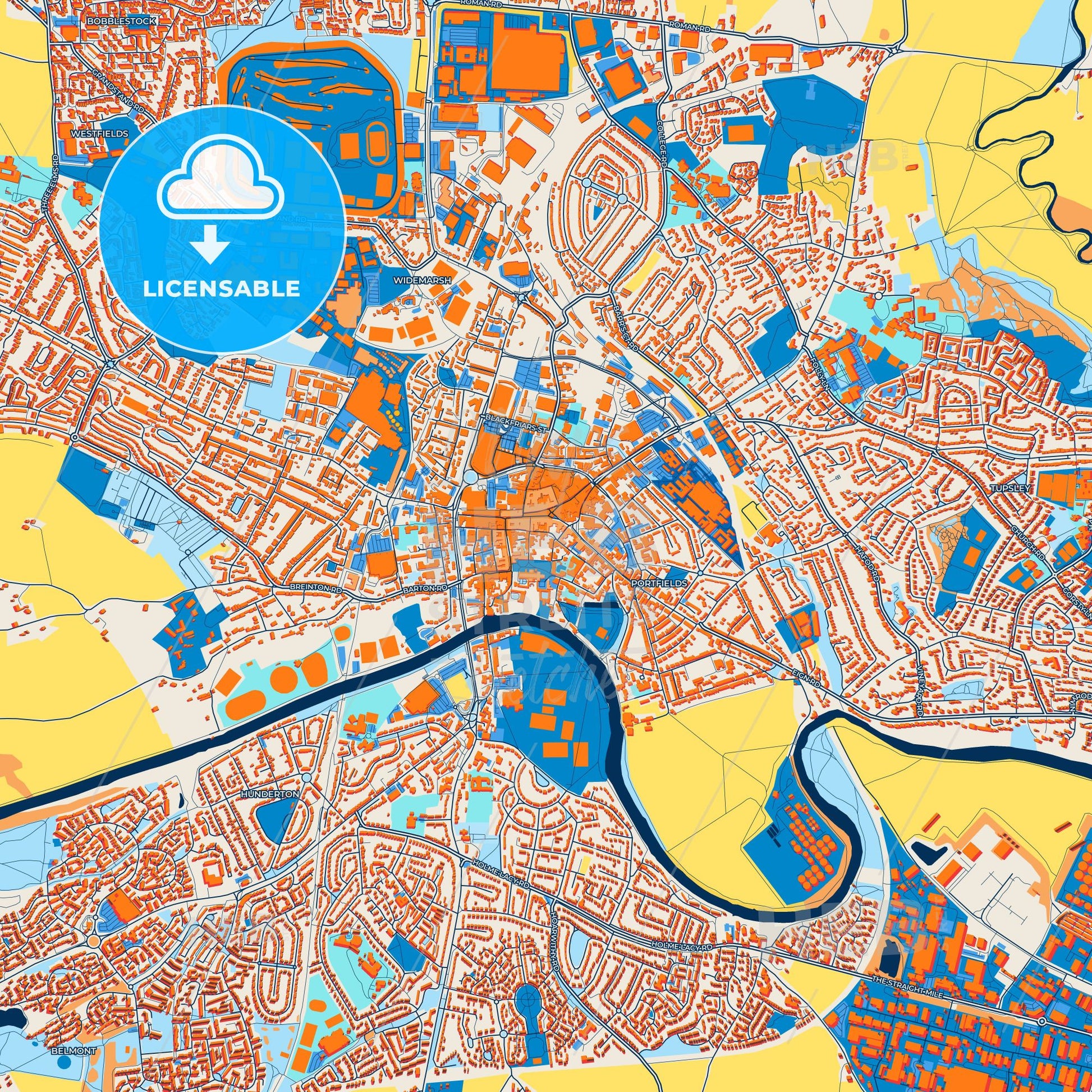 Colorful Hereford Street Map with Labels and Buildings