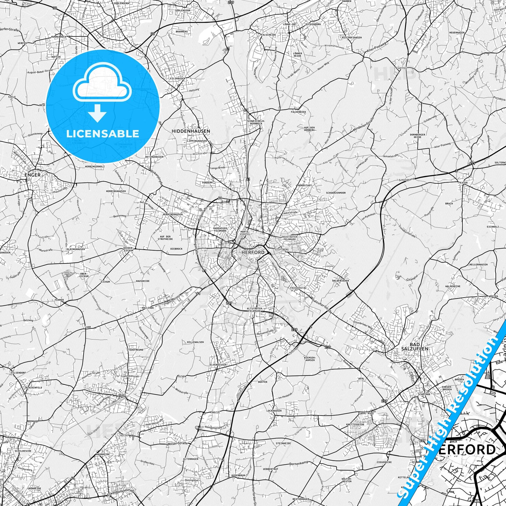 Herford, Germany light map with streetnames, citynames and districts