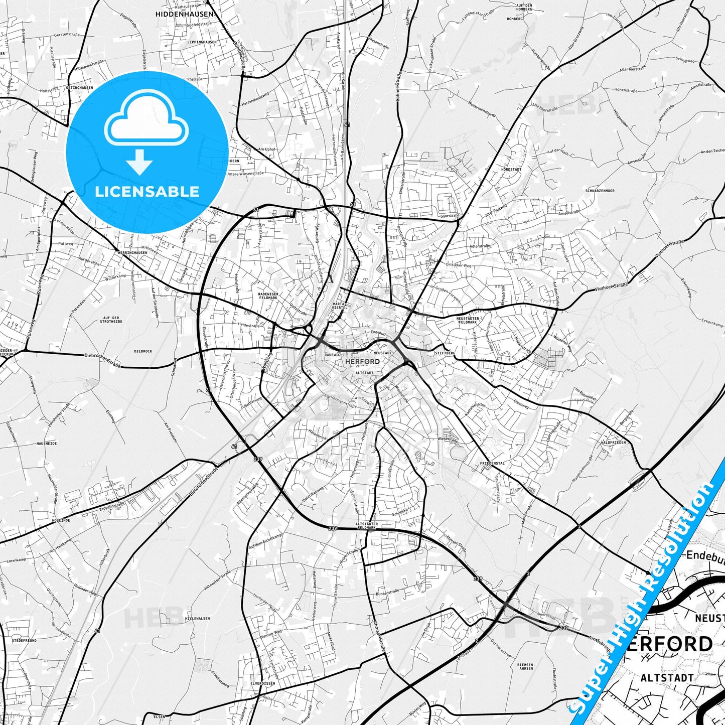 Herford, Germany Light Map with Street Names, City Names, and Districts