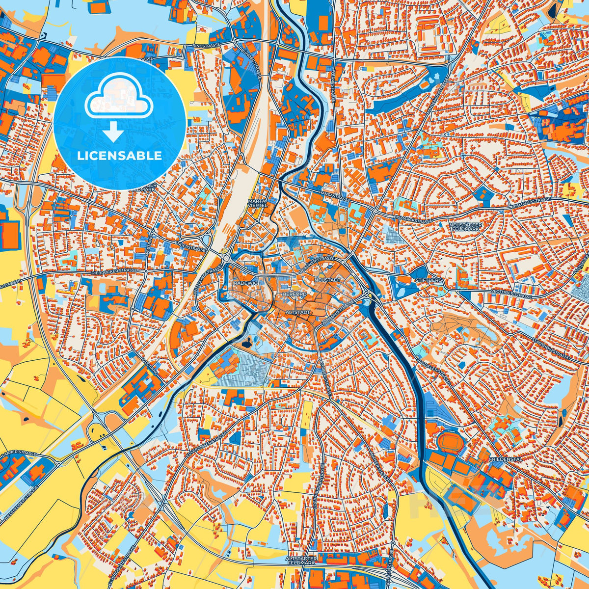 Colorful Herford Street Map with Labels and Buildings