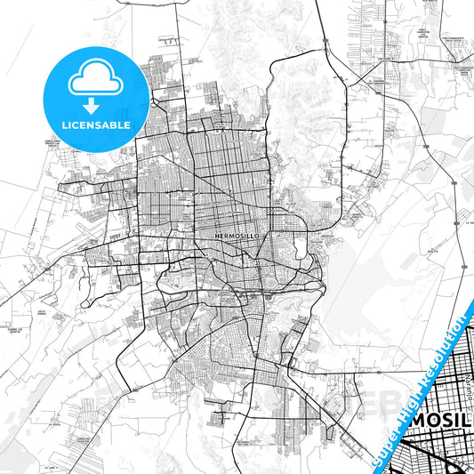 Hermosillo, Mexico light map with streetnames, citynames and districts