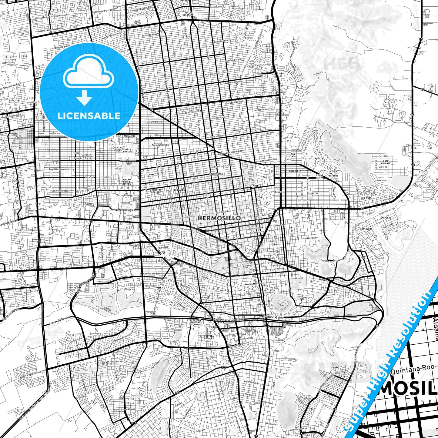 Hermosillo, Mexico Light Map with Street Names, City Names, and Districts