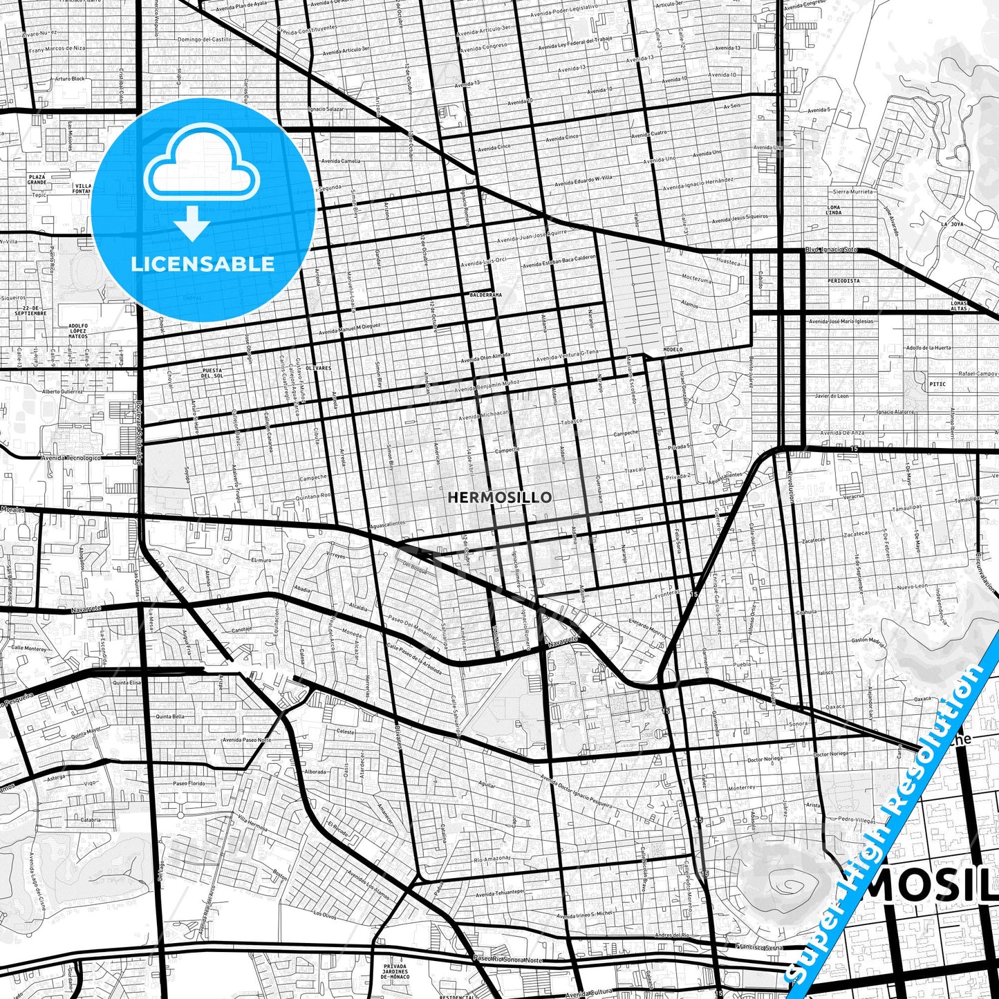 Hermosillo, Mexico Light Map with Street Names, City Names, and Districts