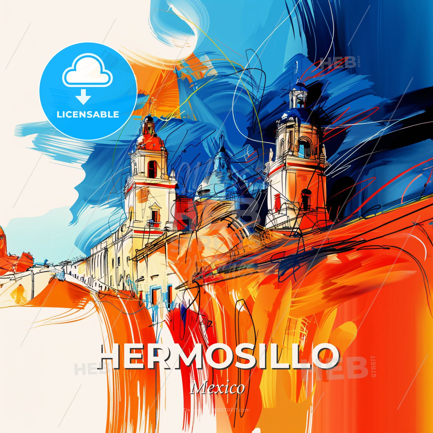 Vibrant Hermosillo, Mexico - A Painting Of A Building With Towers - Square format print template